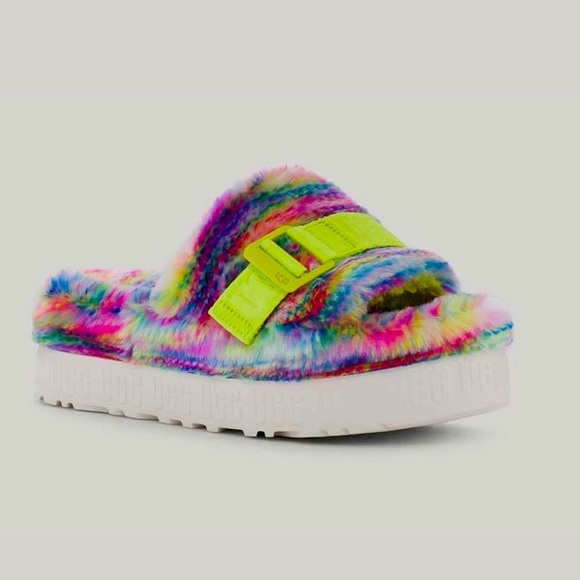 UGG Slippers NEW Fluffita Fur Platform Rainbow Pixelate Flatform Multicolor 6 - Picture 1 of 8